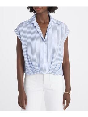 KUT FROM THE KLOTH Gaia Pleated Top Size XL Striped V-Neck Cropped Viscose